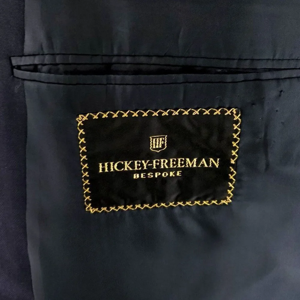 Hickey Freeman Bespoke Wool 2 Button Blazer 46R Blue Herringbone‎